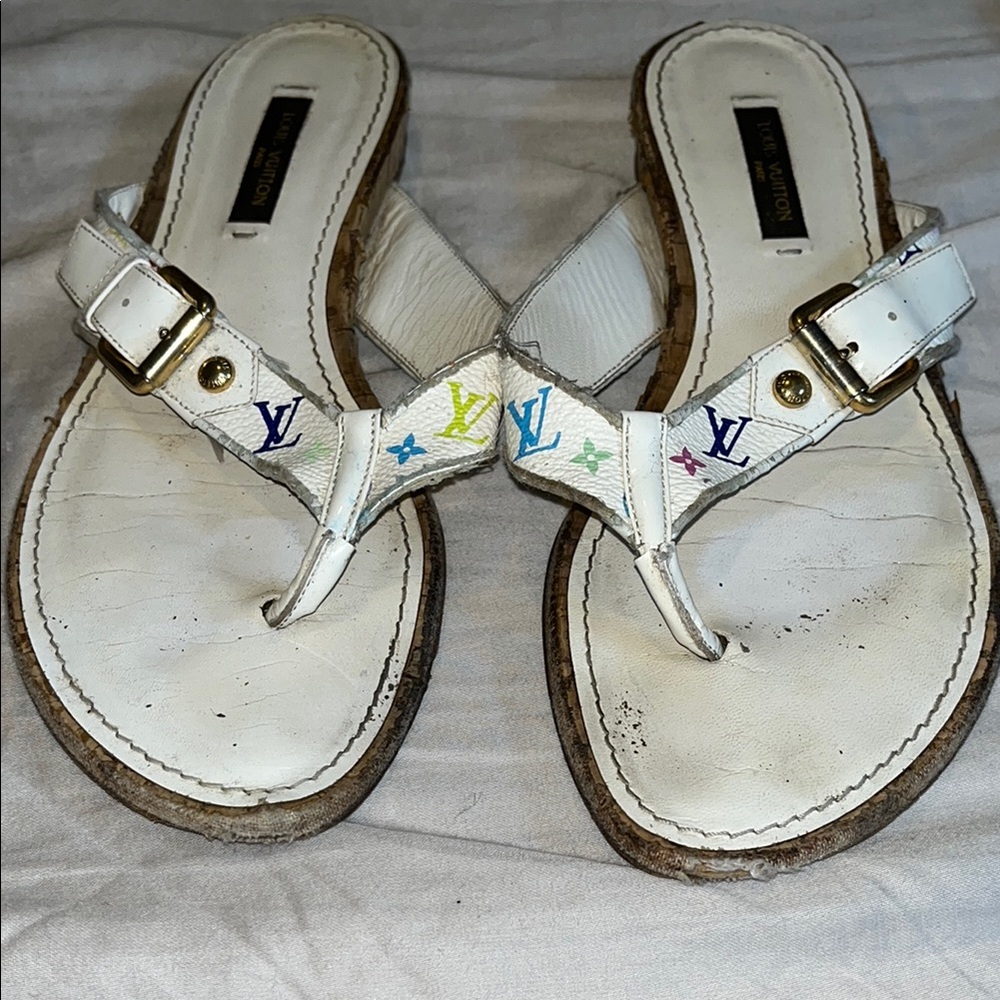 Louis Vuitton White Multicolor Monogram Thong Sandals
